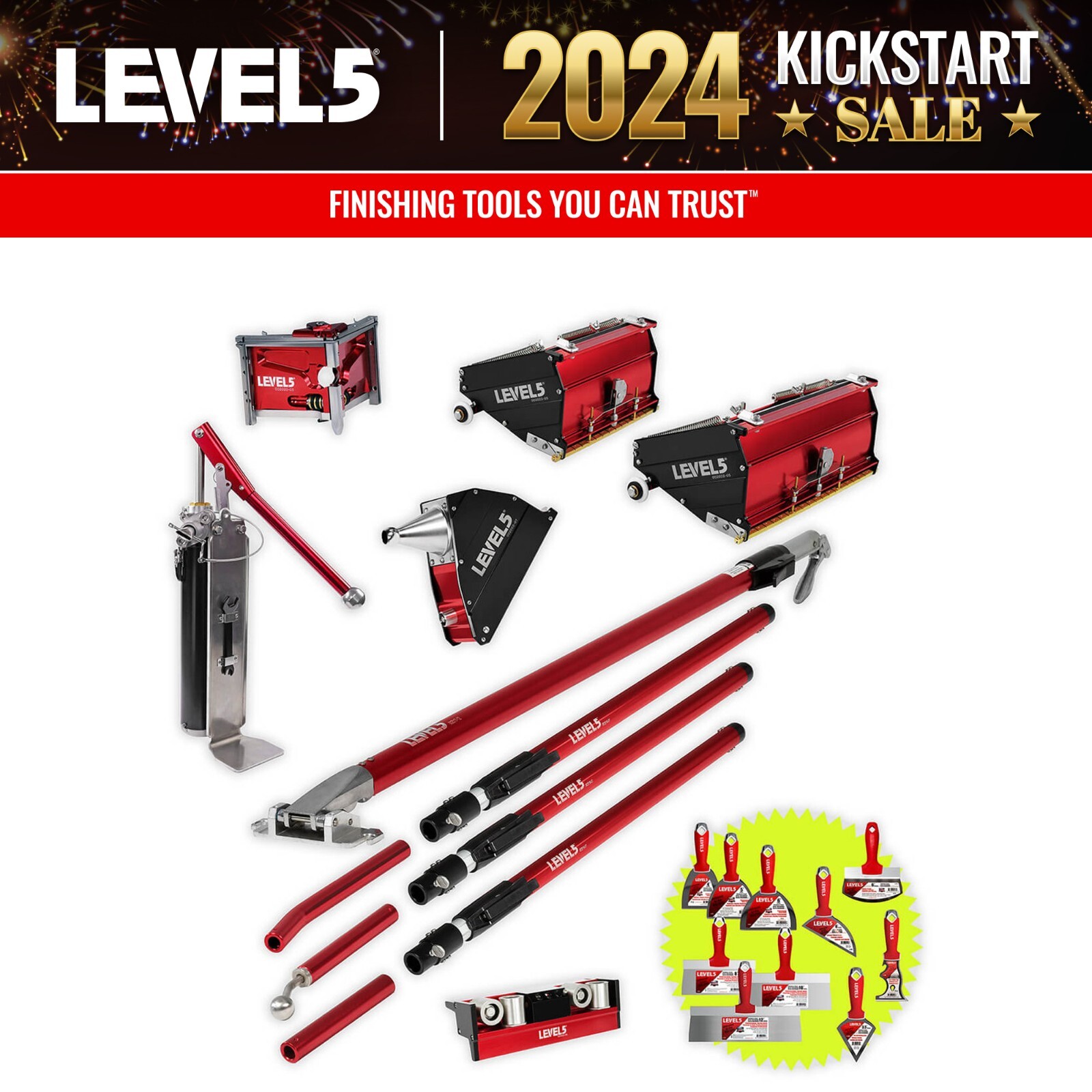 LEVEL5 Drywall Finishing Tool Set w/ MEGA Boxes + Ext. Handles + BONUS! | 4-613P