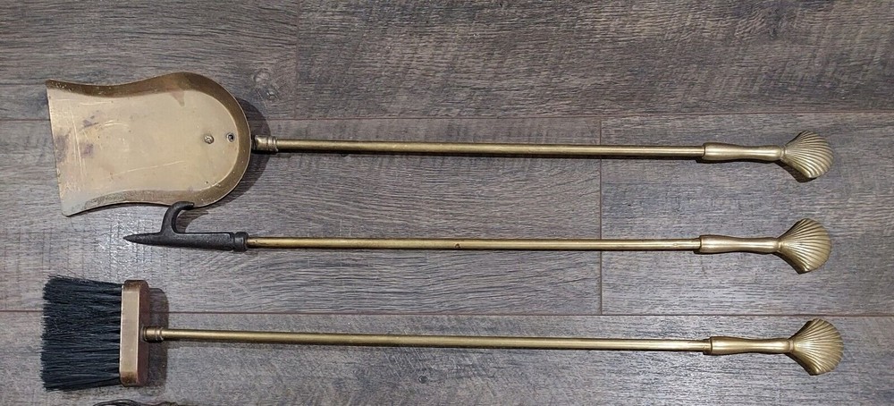 Fireplace Utensils Solid Brass Sea Shell Handles Tool Set 4 Pieces Cottagecore