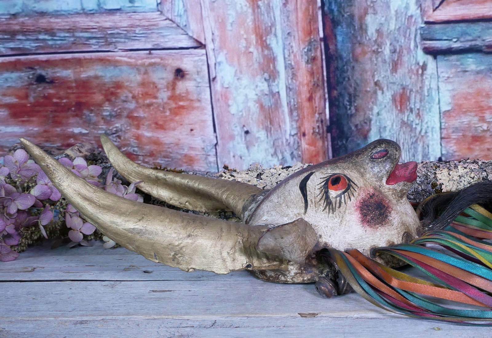 Coconut Goat Mask with Hair Beard Real Horns Handmade Guerrero Mexican Folk Art