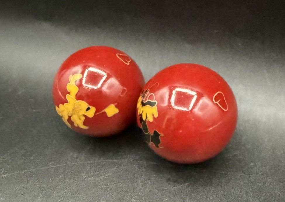 Red Enamel Baoding Balls with Chimes Dragon Design