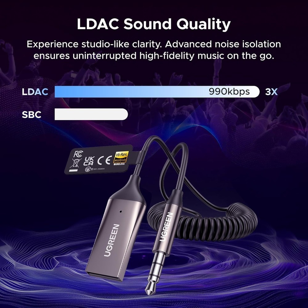 Compact Bluetooth 6.0 Car Adapter: Convert Aux to Bluetooth with LDAC Support