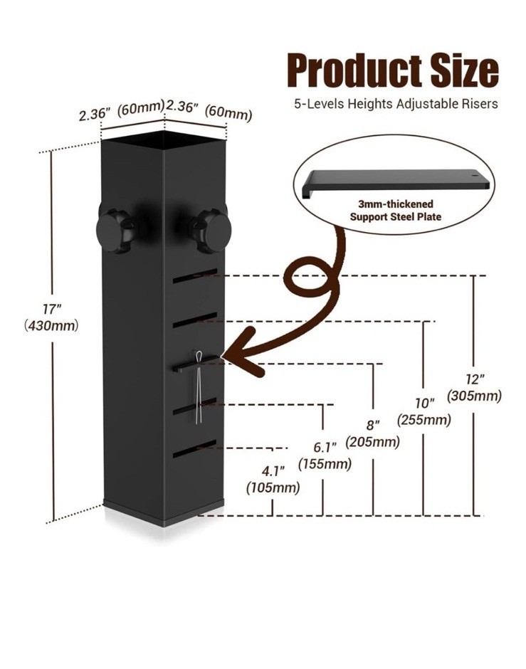 Bed Risers Extenders, 3" Diameter, 5 Level Adjustment Height, Black, 4pc