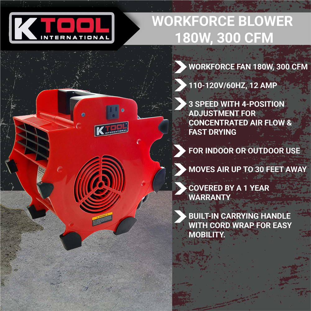 K Tool 77702 Workforce Blower, 3-Speed, 300 CFM, Impact Resistant Design
