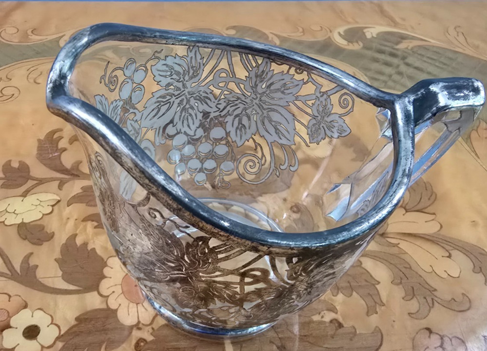 Vintage Silver Overlay Decorated Glass Pitcher 2.5" Tall