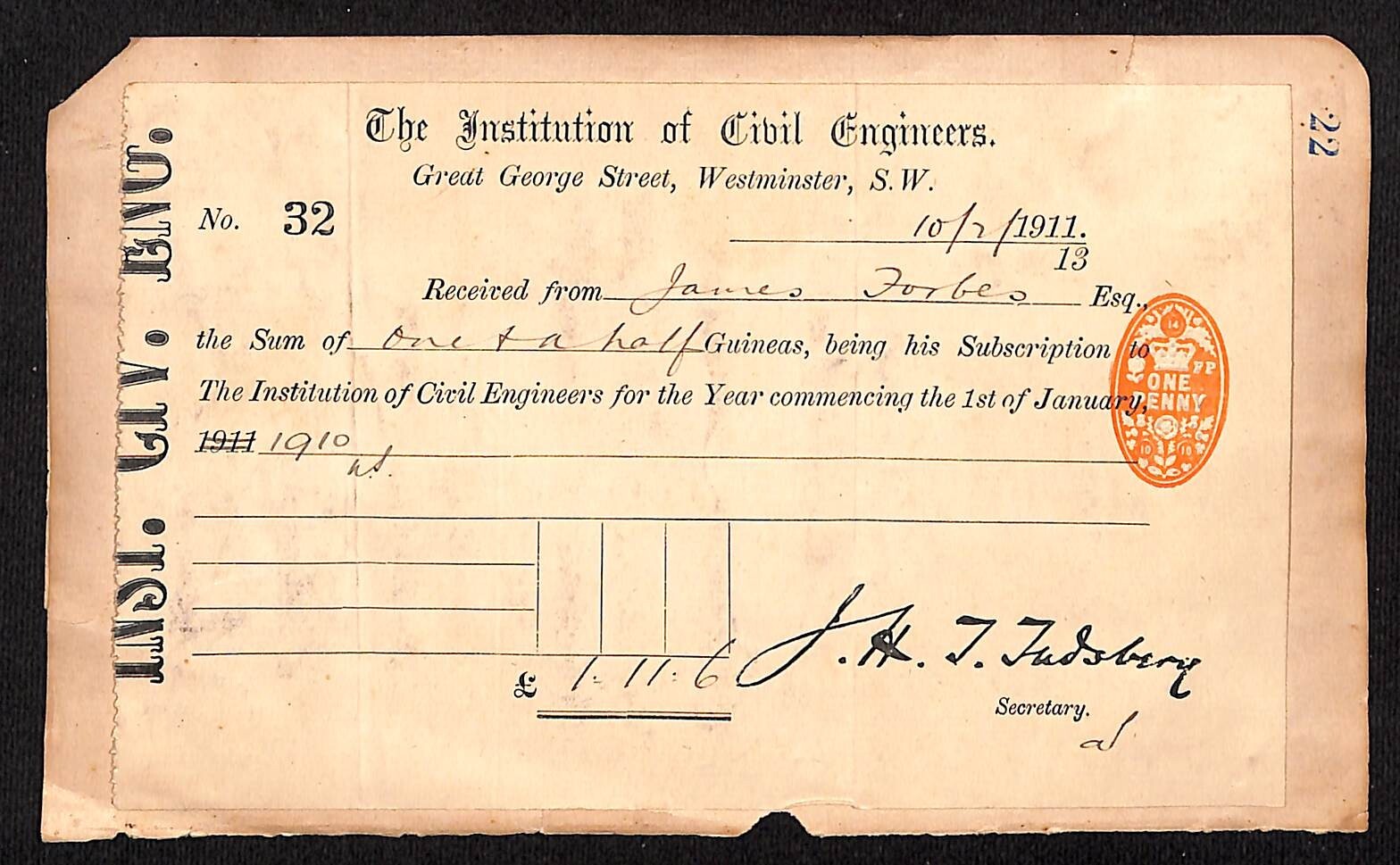 Westminster, S.W. Institution of Civil Engineers 1911 Receipt Paid in Guineas