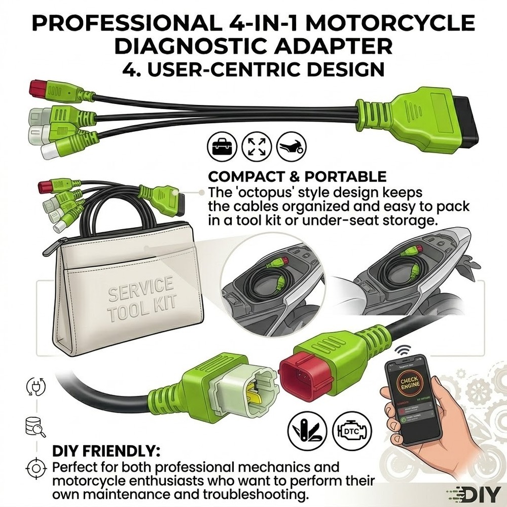 Universal 4in1 Moto OBD2 Diagnostic Cable - Compact Multi-Interface Adapter Tool
