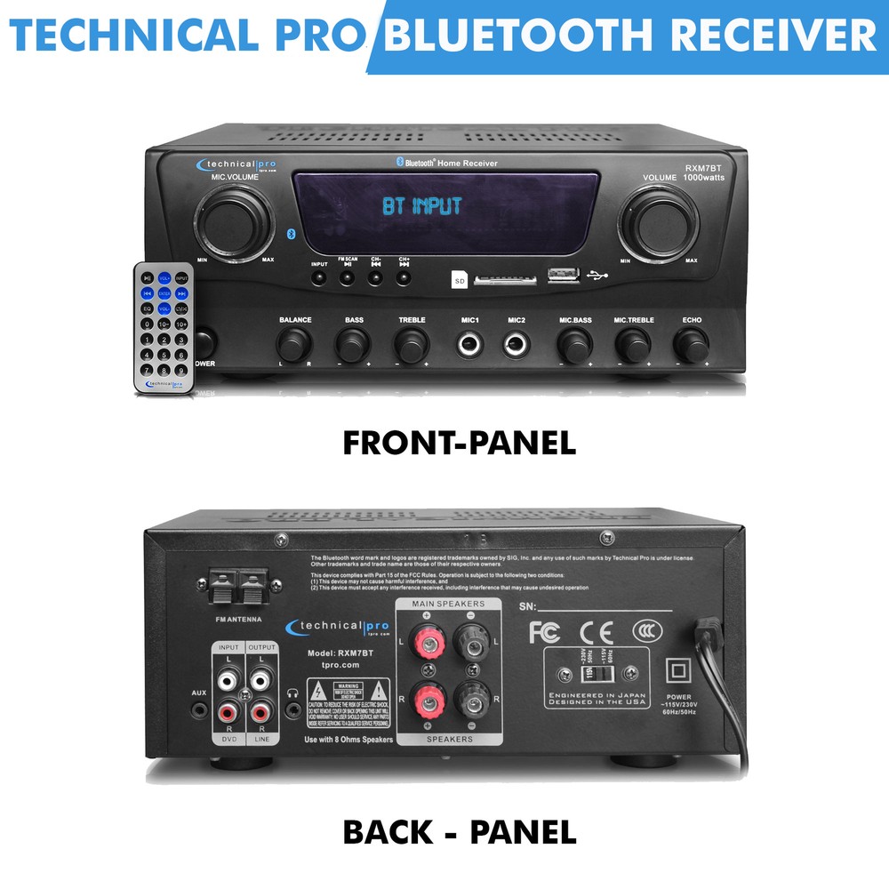 Professional Bluetooth Receiver with USB & SD Card Inputs, 1000 Watts Peak Power