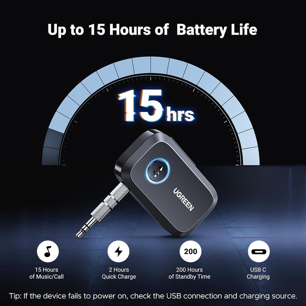 Bluetooth 5.4 Car Adapter - Hands-Free Calling & Noise Cancelling - 15H Battery
