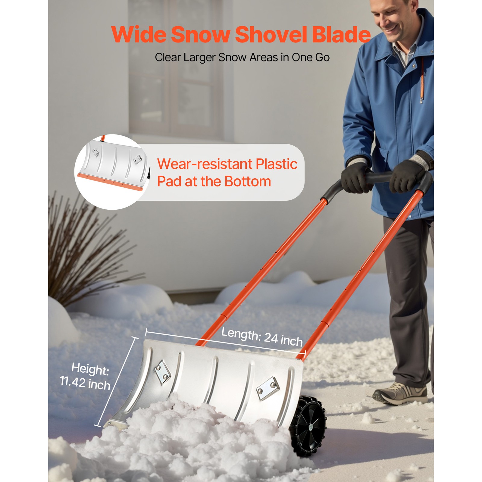 Snow Shovel with Wheels 24" Durable Metal Snow Removal Pusher Plow for Driveway