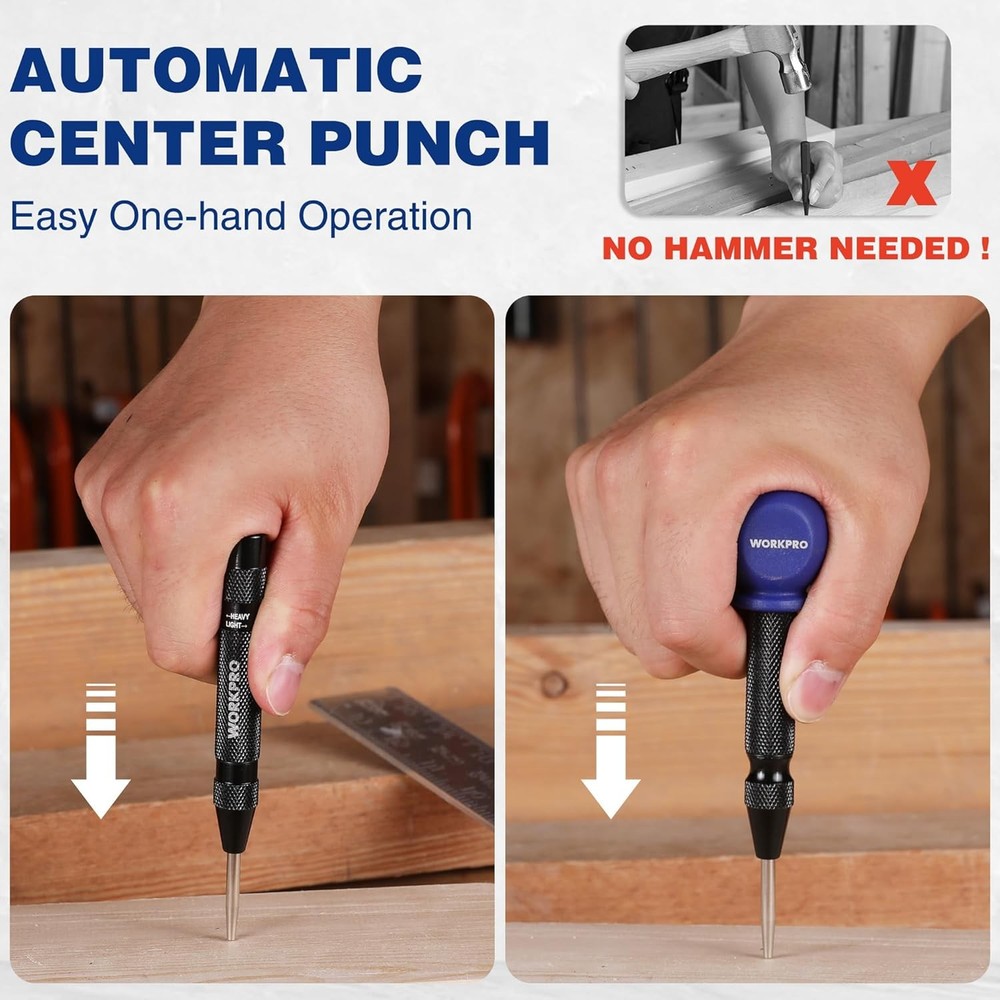 WORKPRO 2PCS Automatic Center Punch with an Extra Replacement Tip, Adjustable Sp