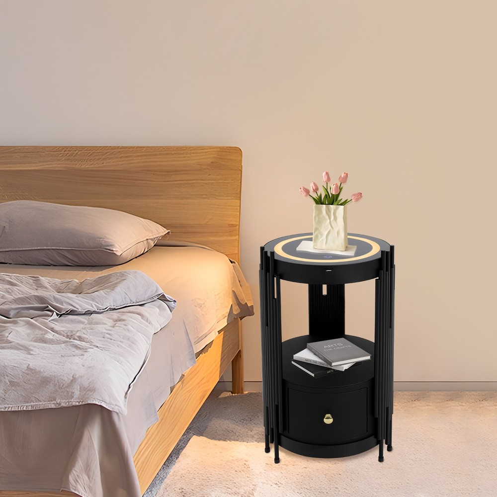Smart Nightstand With Wireless Charging Station Bedside Table LED Side/End Table