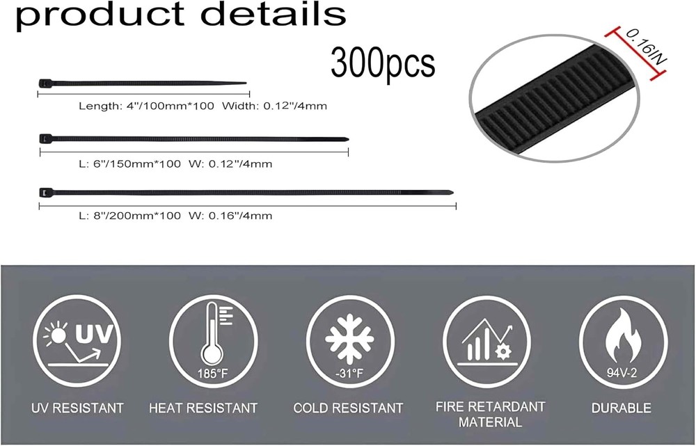 Cable Ties Assorted 300PK, LANGTSA Nylon White