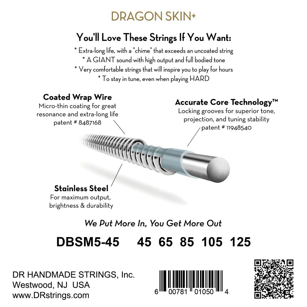 DR Strings DRAGON SKIN+ Steel Bass Strings 5 String Multi-Scale Medium 45-125