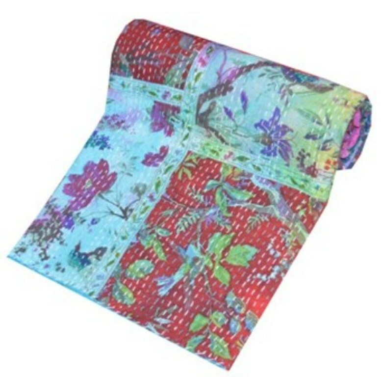 Indian Handmade Cotton Patchwork Print Kantha Quilt Bedding Bedspread Blanket