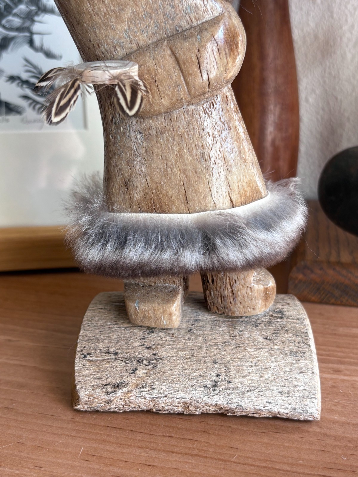 Vukson Signed Handmade Moose Antler?, Fur + Stone Inuit Eskimo Eagle Sculpture