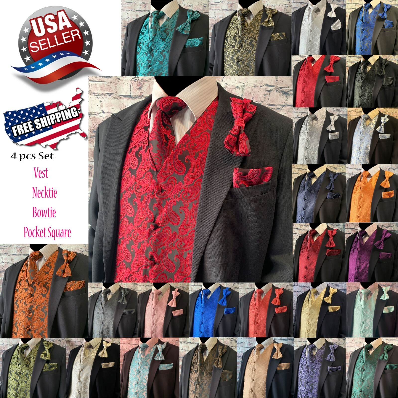 Paisley Dress Vest Necktie Bow tie Hankie for Suit or Tuxedo Prom Wedding 4pcs