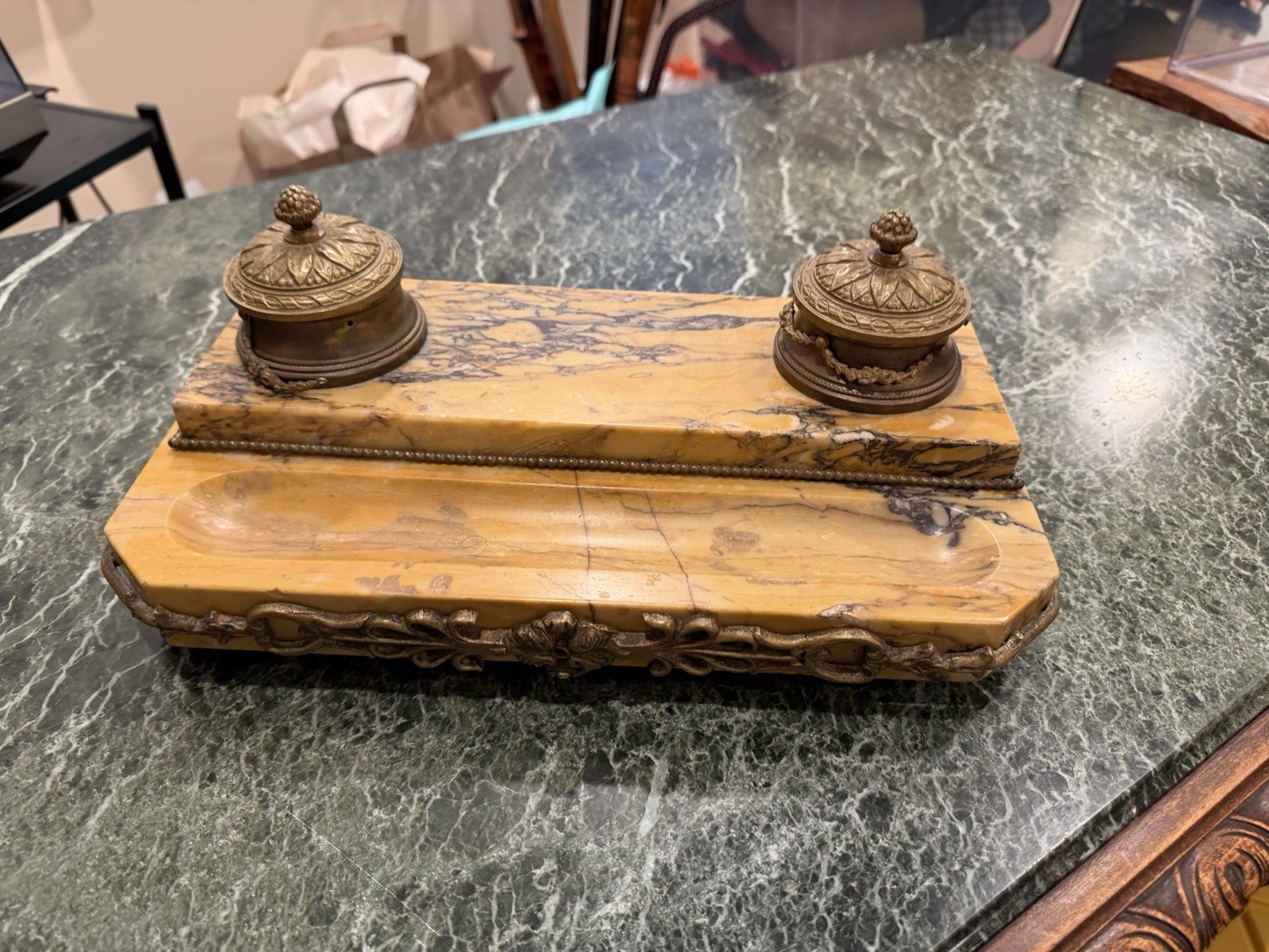 Napoleon III Large French Double Ink Well - Brass With Footed Marble Base