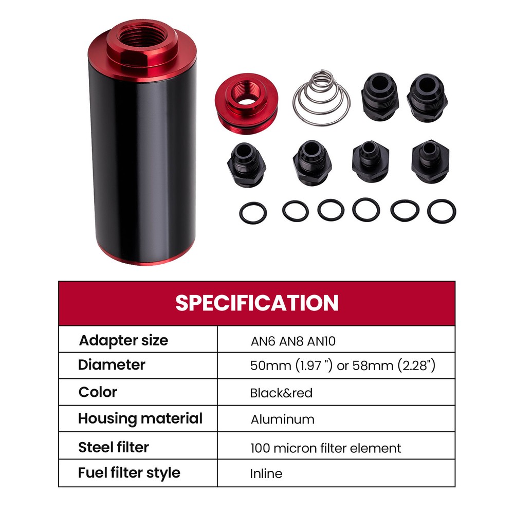 Inline Fuel Filter High Flow 100 Micron Cleanable AN6 AN8 AN10 Adapter universal