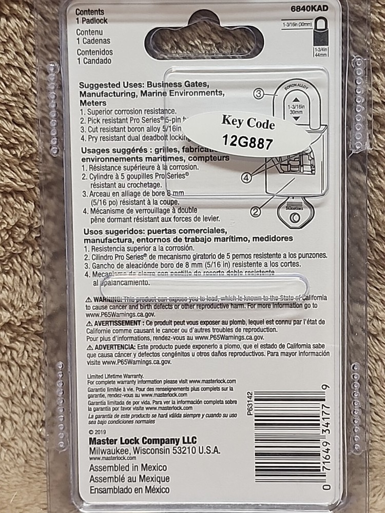 Master Lock ProGrade Solid Brass Keyed Padlock 6840KAD, 1.75" W. Keyed Alike