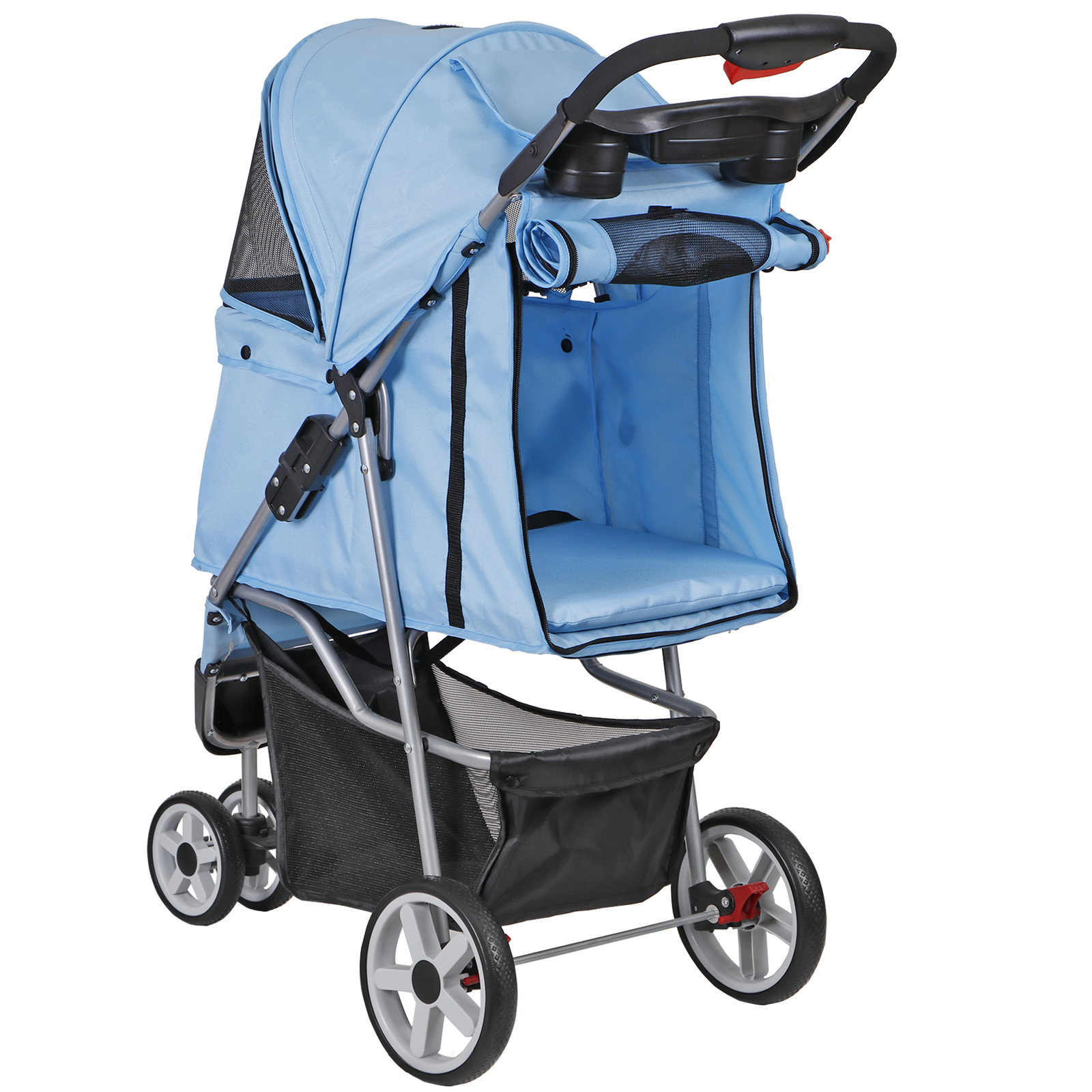 Foldable Pet Stroller for Cats and Dogs 3 Wheels Carrier Cart w/Cup Holder Blue