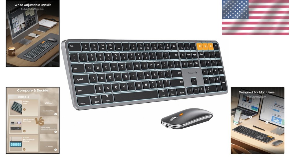 Quiet Typing Backlit Wireless Keyboard and Mouse for Mac - Triple Device Support
