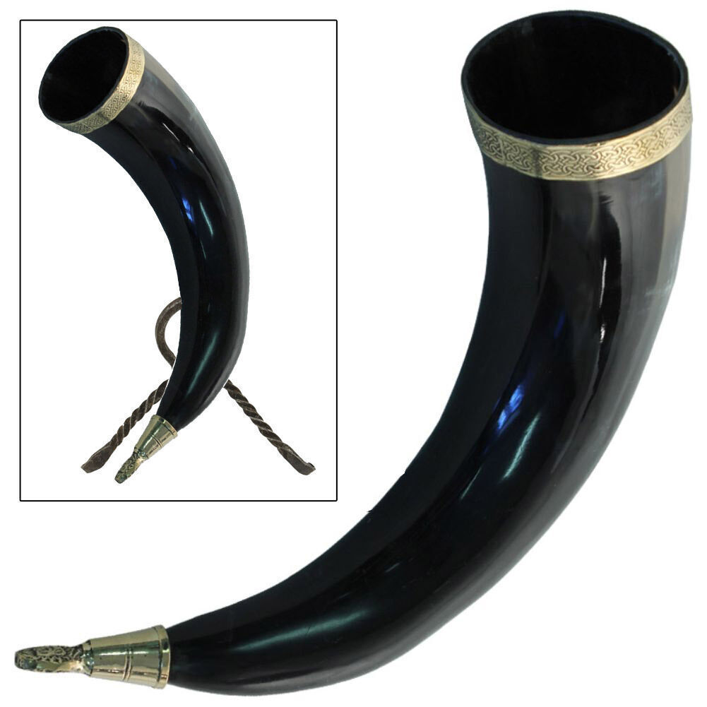 Brass-Adorned Medieval Renaissance Drinking Horn with Metal Stand 100% real Horn