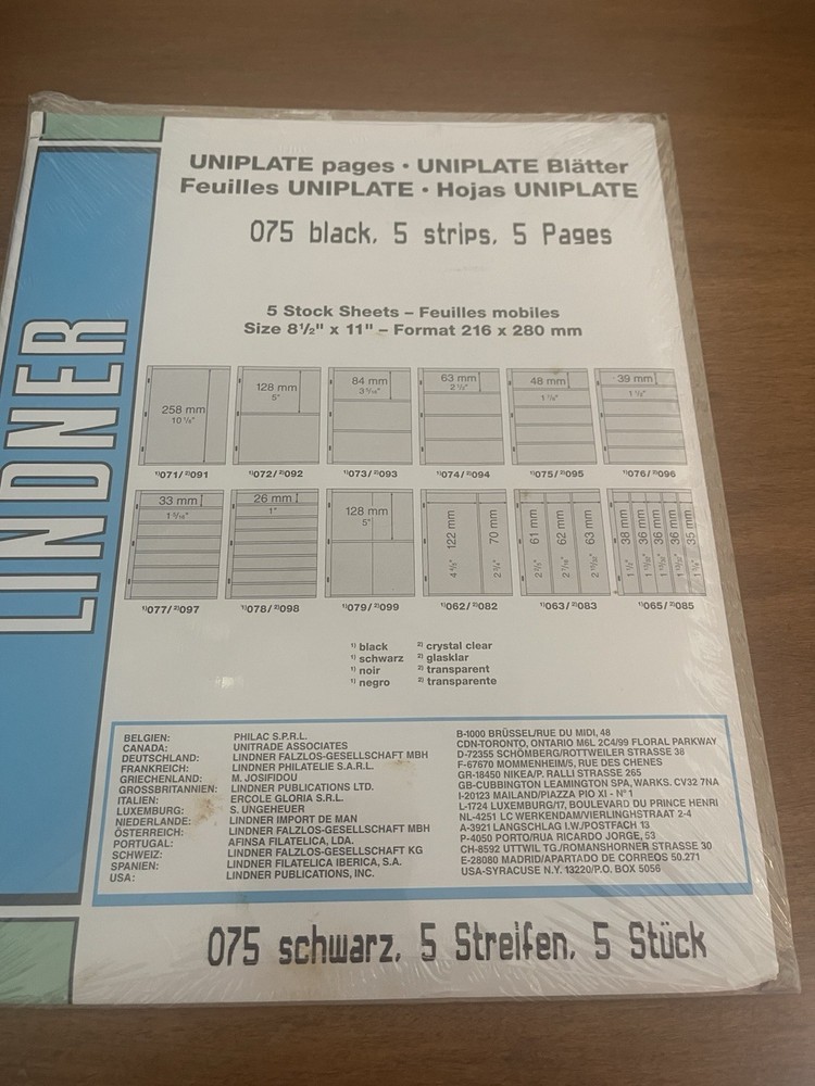 LINDNER 075 Uniplate - Black - 5 Pages- 4 Strips Per Page