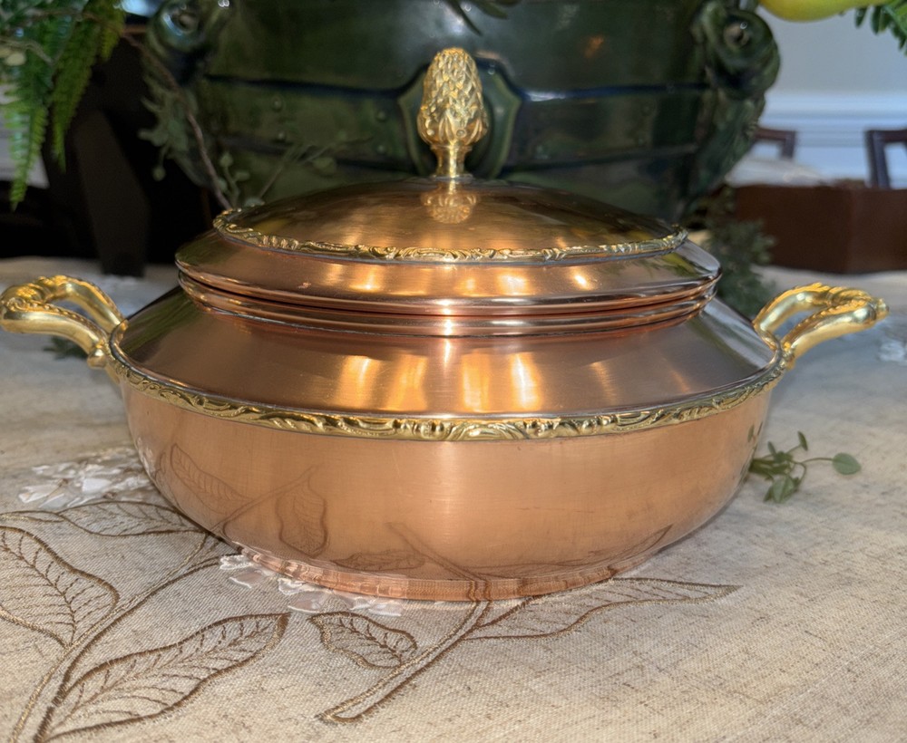 Solid Copper Serving Dish w/ Brass Pinecone Finial/Handles~Preowned