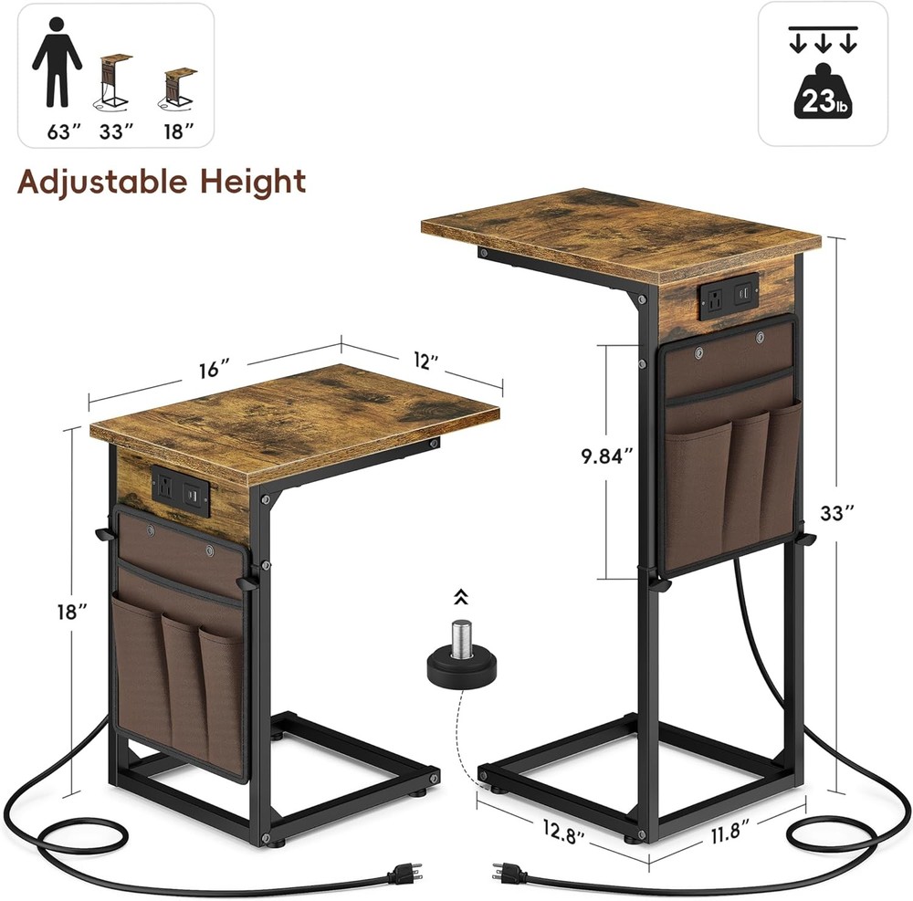 Vagusicc C Shaped End Table with Charging Station, Adjustable Rustic Brown