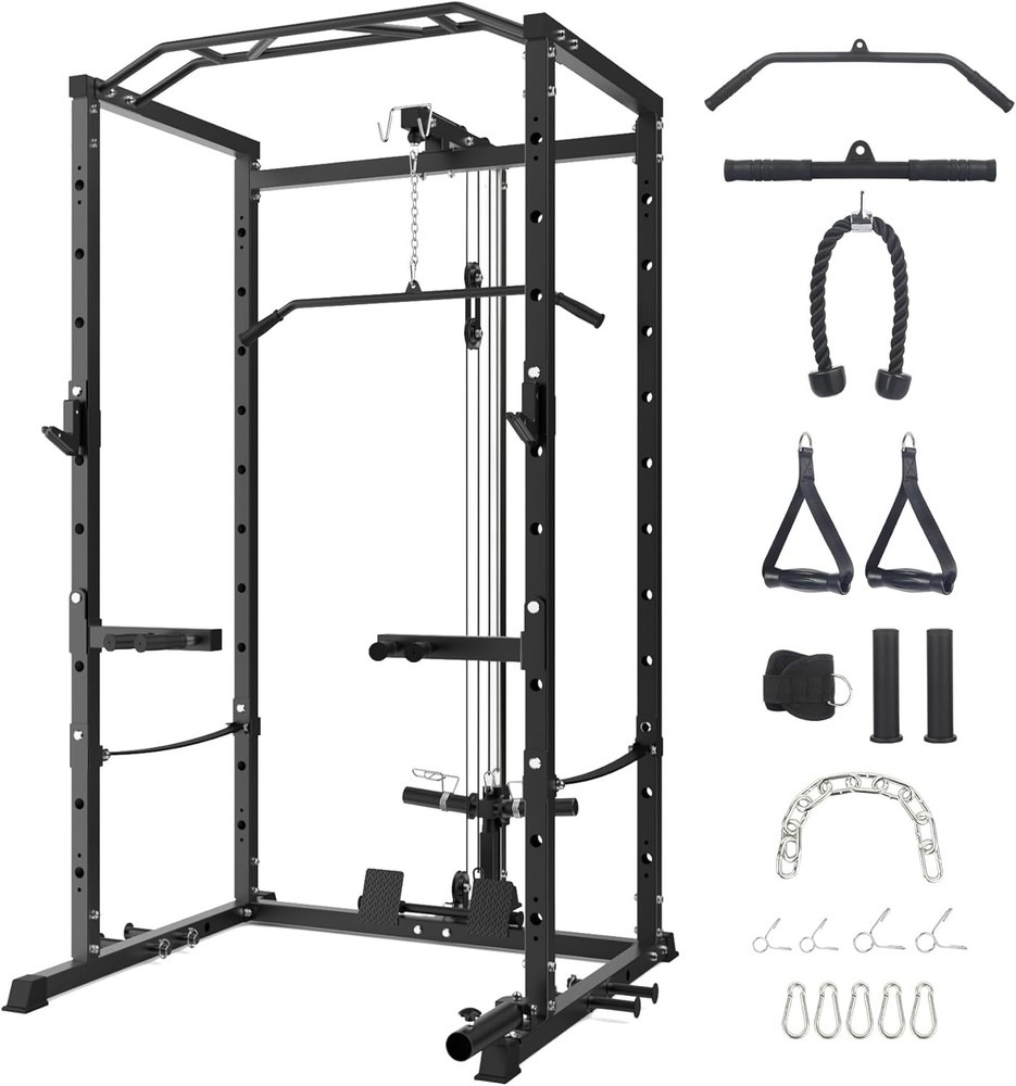 Power Cage with LAT Pulldown, Multi-Functional Power Rack with J-Hooks