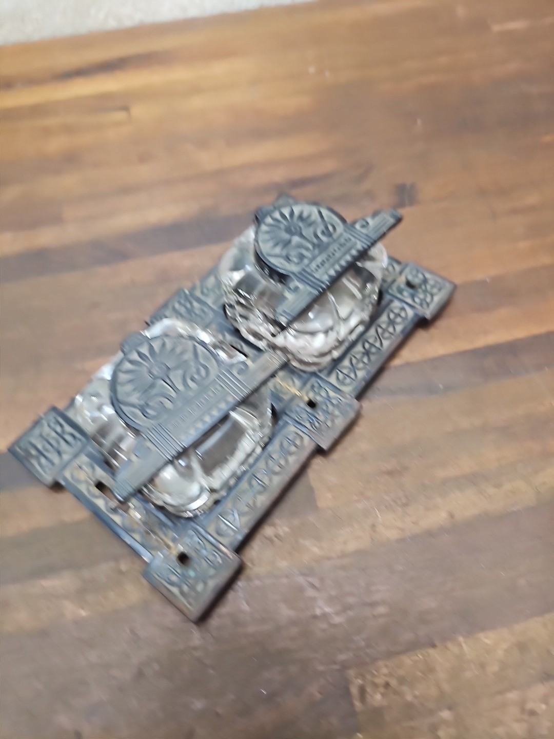 B34- Antique Victorian Cast Iron Double Inkstand with Inkwells incomplete 1800s