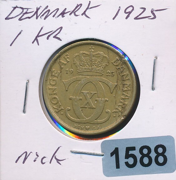 DENMARK -  1 KRONE 1925 - BRASS - #1588