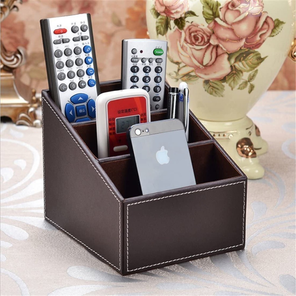 PU Leather Multi-Function Remote Control Organizer, Caddy Holder 3 Compartments