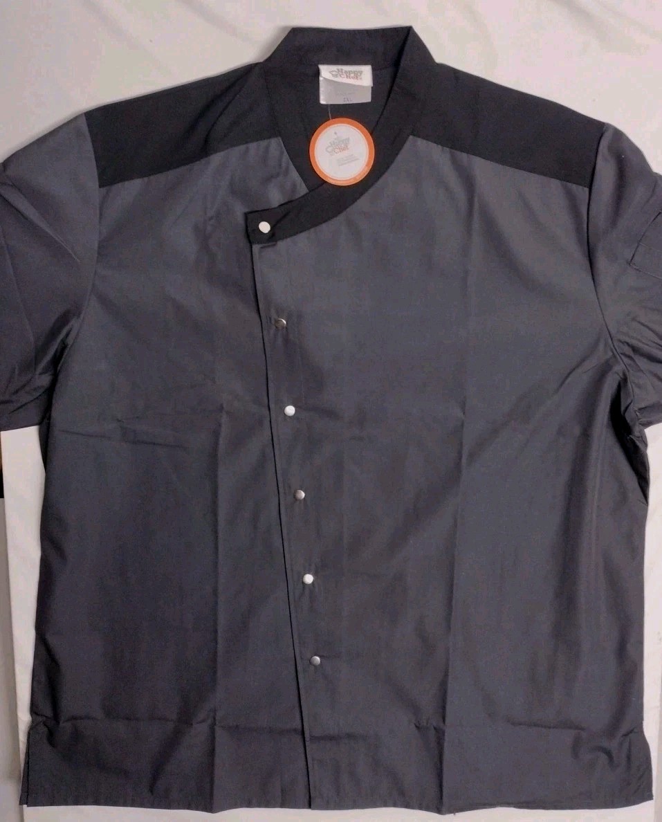 Happy Chef  Black Grey 2XL Double Breasted Chefs Coat NWT snap button