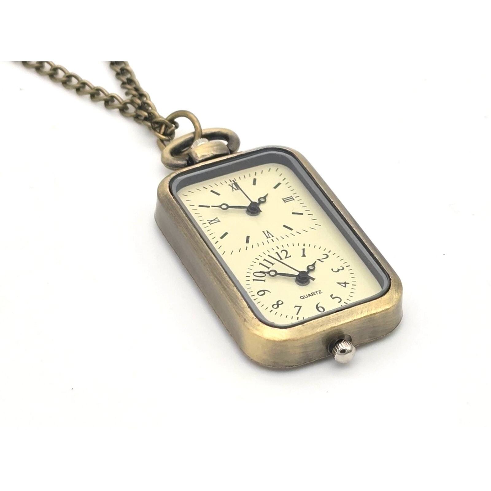 Vintage Look Dual Time Zone Pendant Watch - Brass Necklace, Retro Traveler's