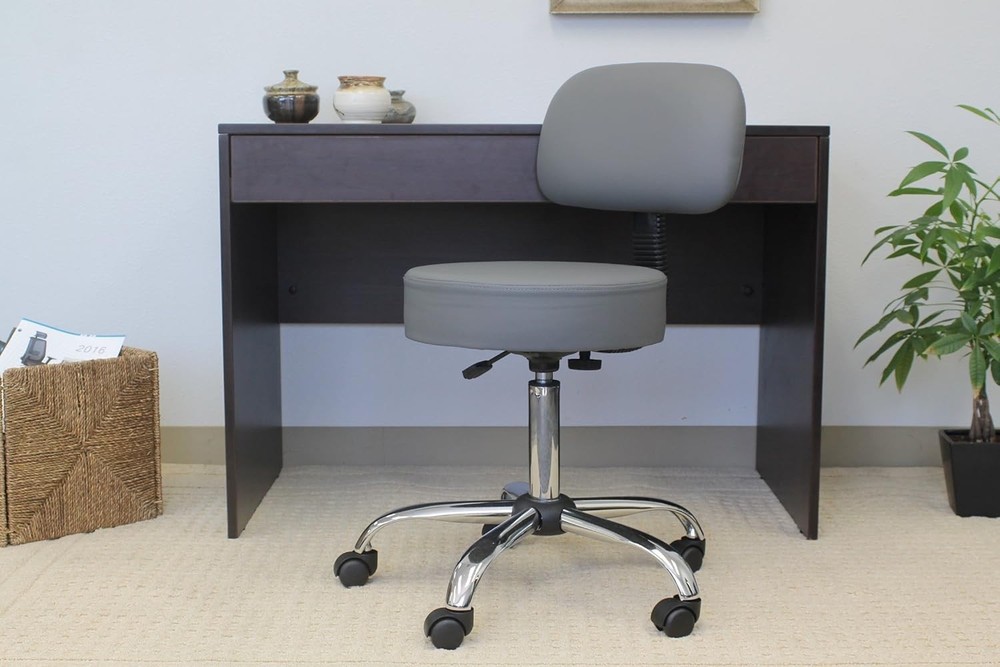 Ergonomic Adjustable Drafting Stool with Back Cushion - Grey & Chrome Finish