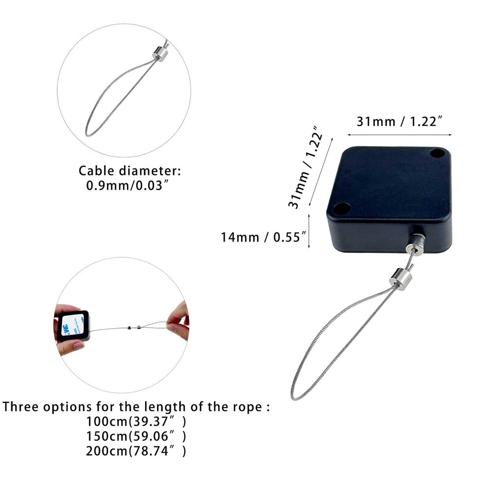 Retractable Cable Lock with Double-Sided Adhesive ABS Remote Control Security...