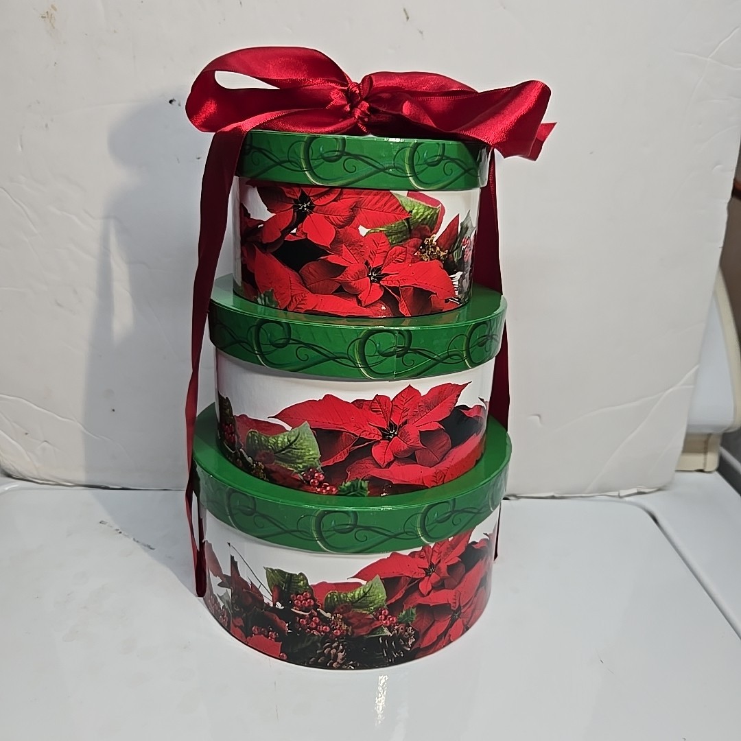 3 Christmas Nesting Gift Boxes Round Pointsettia Stackable Boxes Red Ribbon Tie