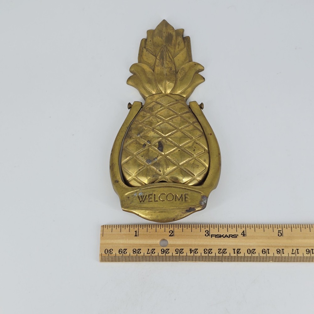 Vintage MCM Solid Brass Gold Pineapple Front Door Knocker "Welcome" Hardware Inc