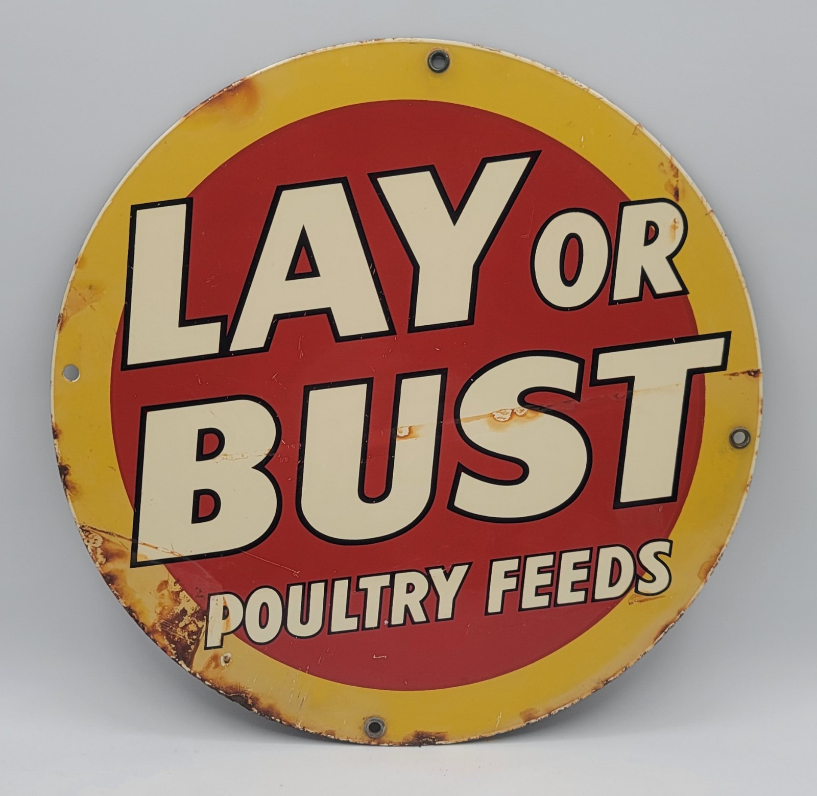 Vintage Lay Or Bust Poultry Feeds Rustic Chicken Porcelain Enameled Metal Sign