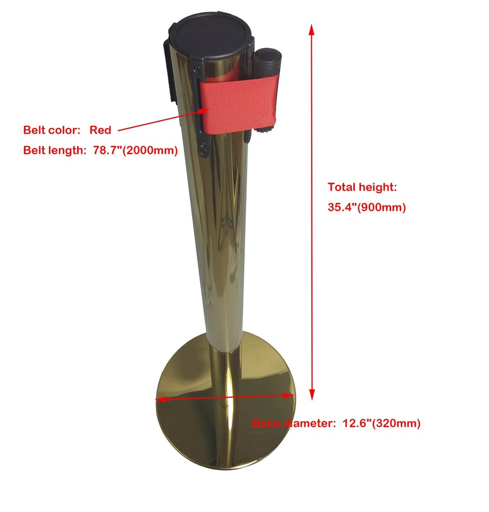 2 pcs Retractable Red Belt Stanchions Gold Posts Queue Pole Crowd Control