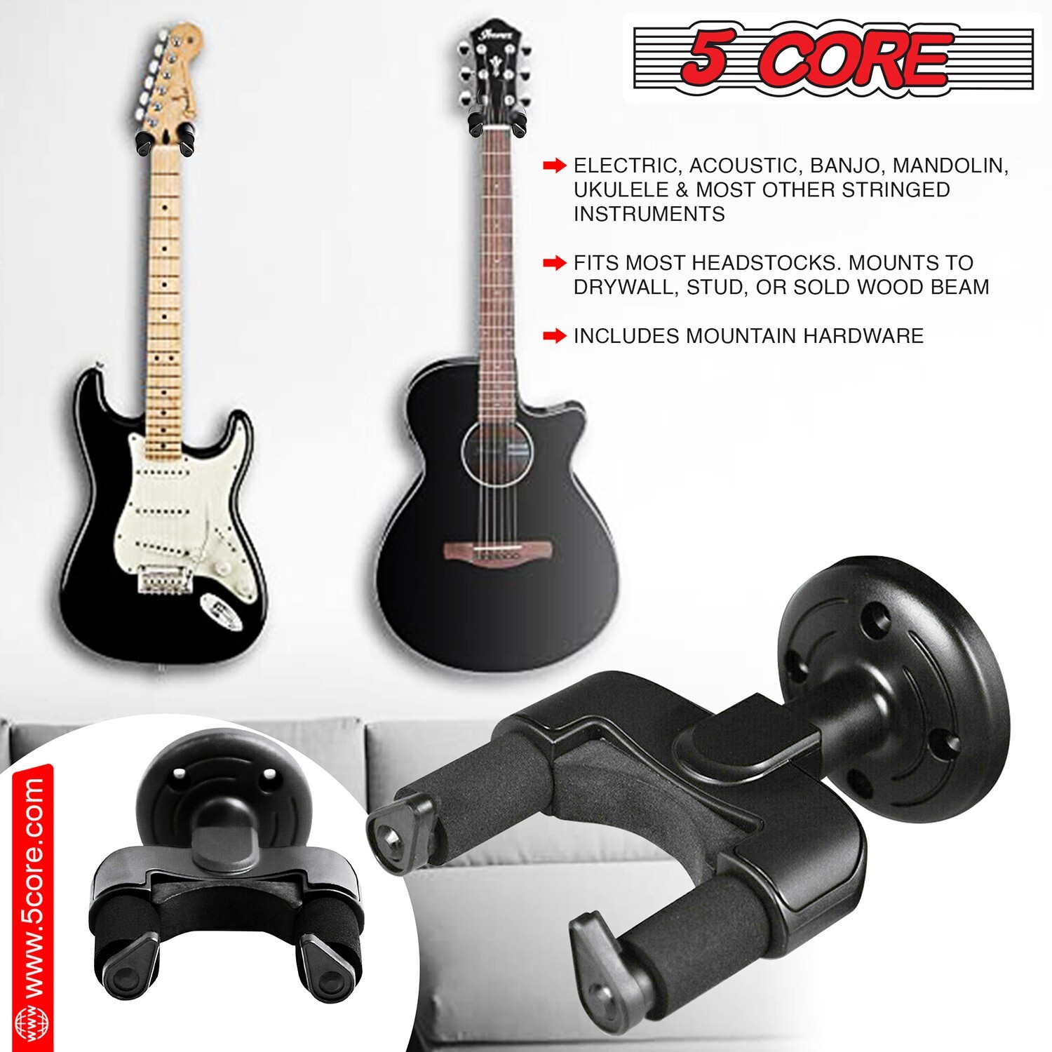 5Core Guitar Wall Mount Hanger Hook Soft Padding Adjustable Rotatable Holder