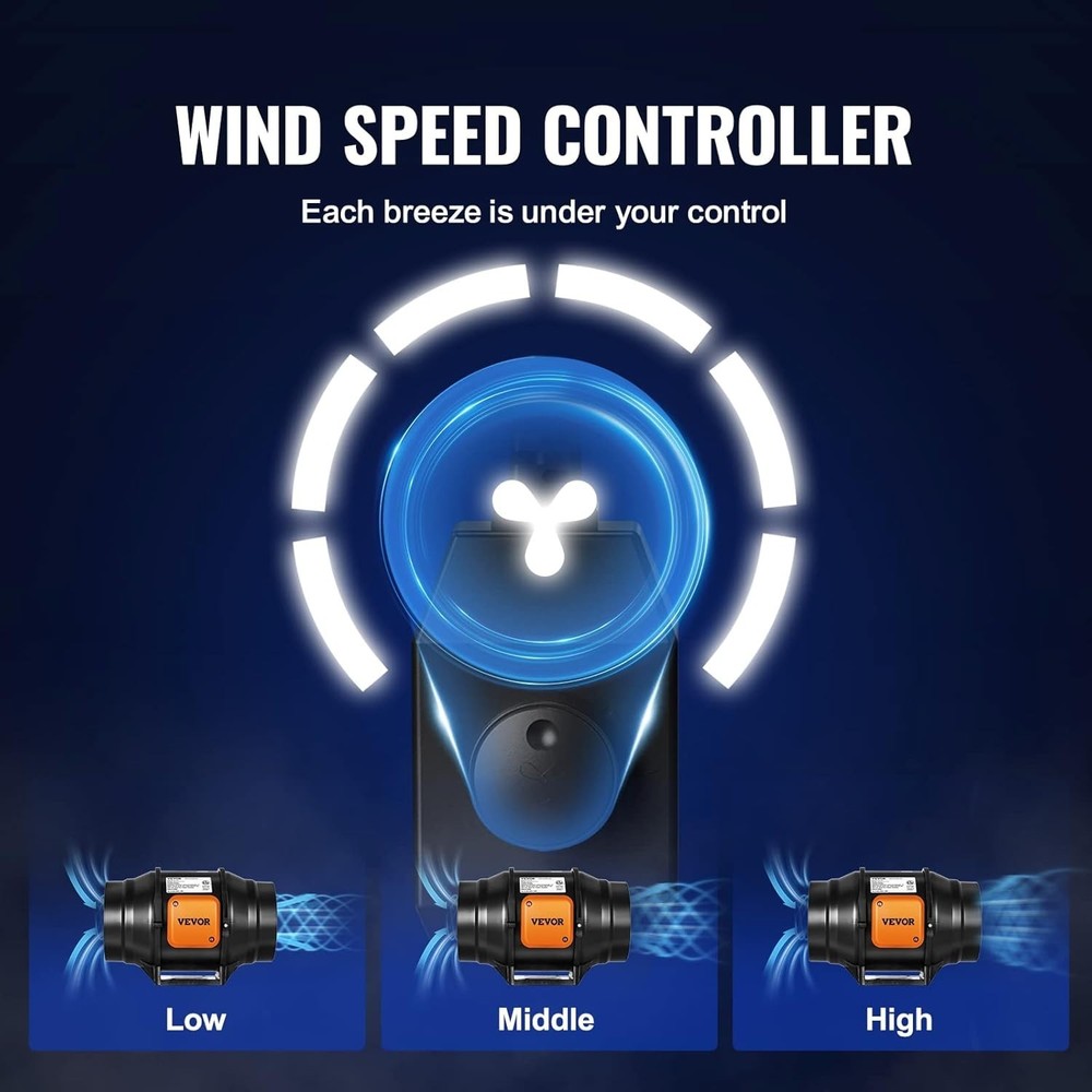 VEVOR Inline Duct Fan, 6-Inch 400 CFM with Variable Speed Controller - Black