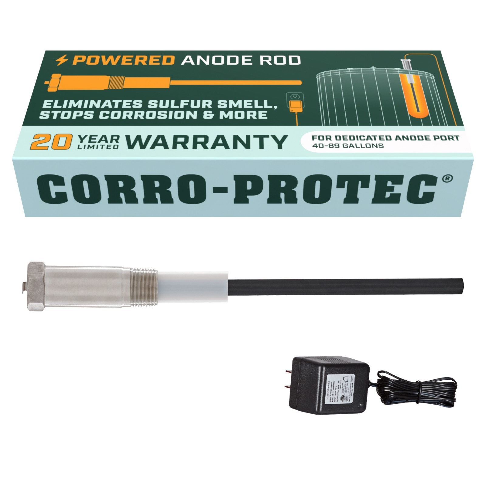 Corro-Protec Powered Anode for Water Heater, 20-Year Warranty + Eliminates Smell