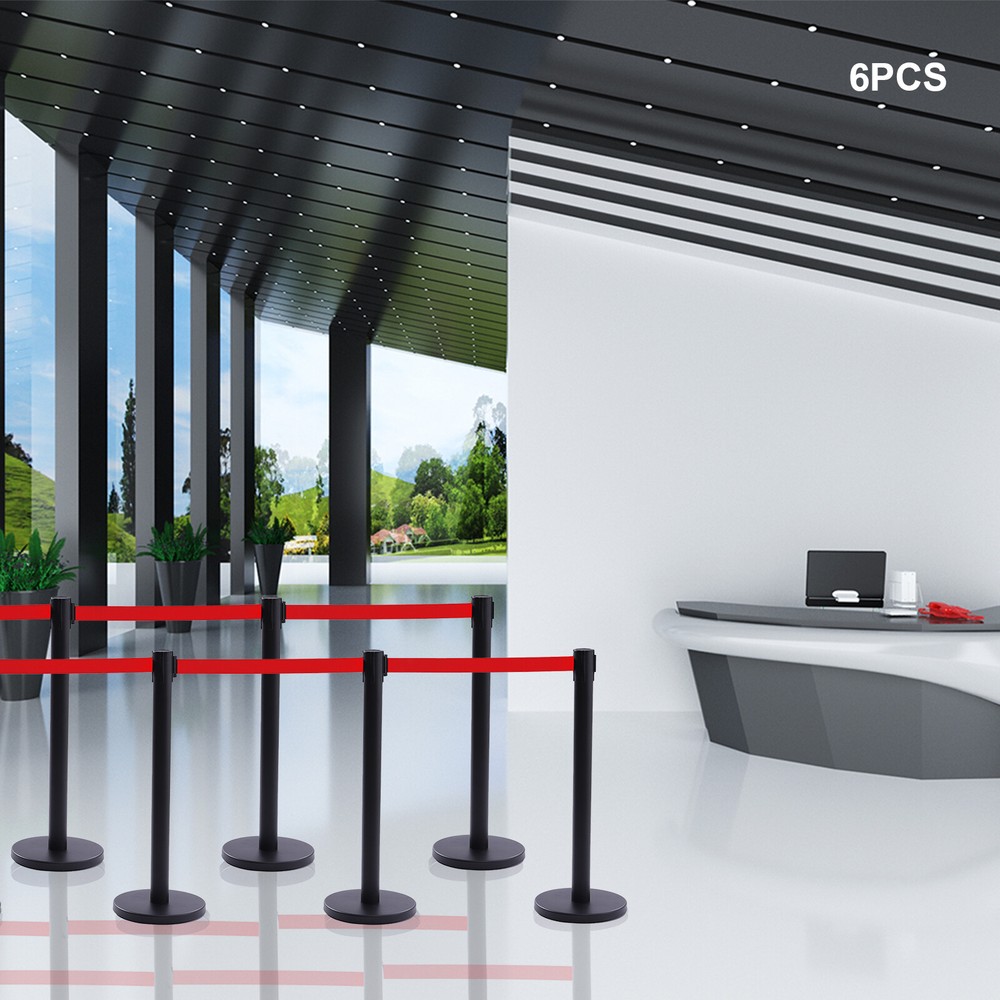 6Pcs Crowd Control Barrier Queue Poles Black Stanchion Posts w/Retractable Belt