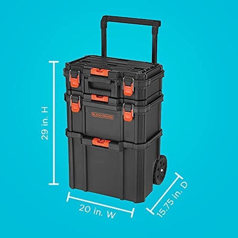 Stackable Storage System 3 Compartments Toolbox Rolling Tote Quick Access ‎Black