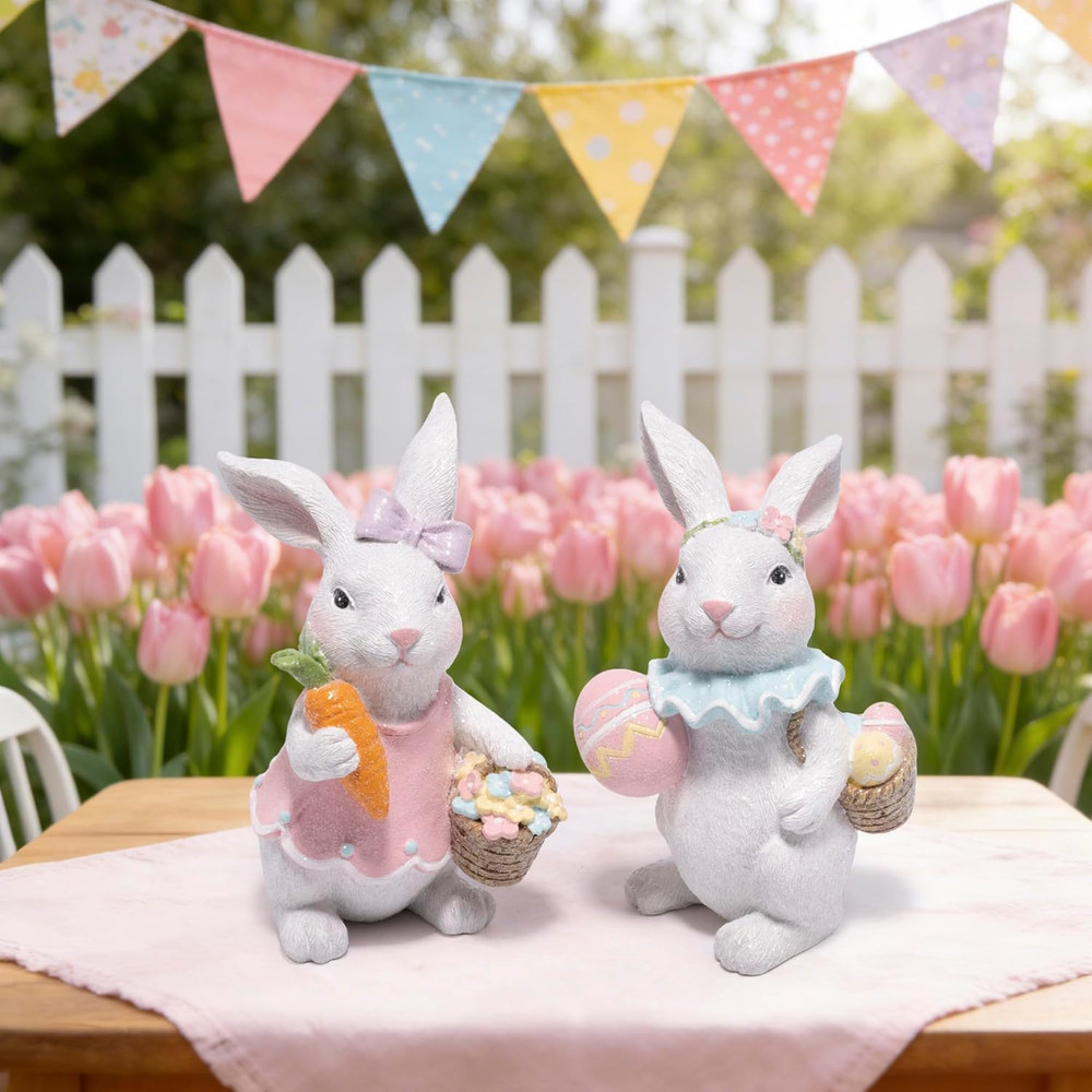 Easter Bunny Figurines Set, Spring Rabbit Decor with Easter Eggs Basket, Floral