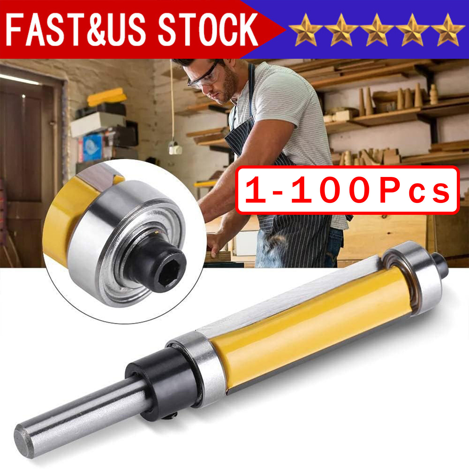 1-1/2" 1/4" Shank Flush Trim Top Bottom Bearing Router Bit Woodworking Tool