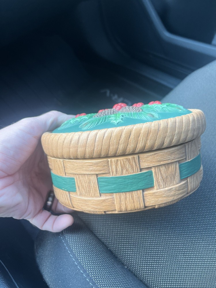 Ceramic Holiday Trinket Box , Hand Painted , Glazed Inside