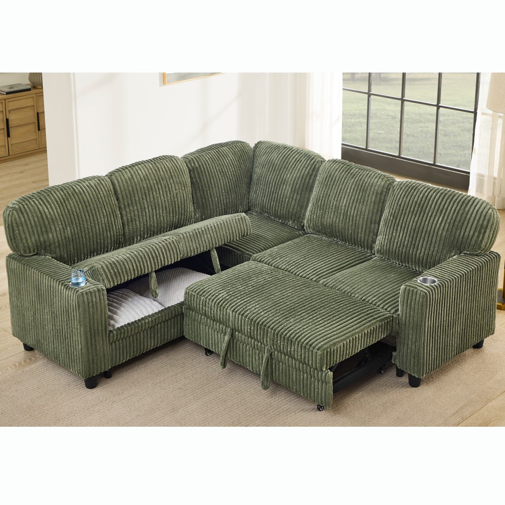 L-Shaped Sofa Bed w/ Pull-Out Sleeper & USB/Type-C, Corduroy, Olive Green